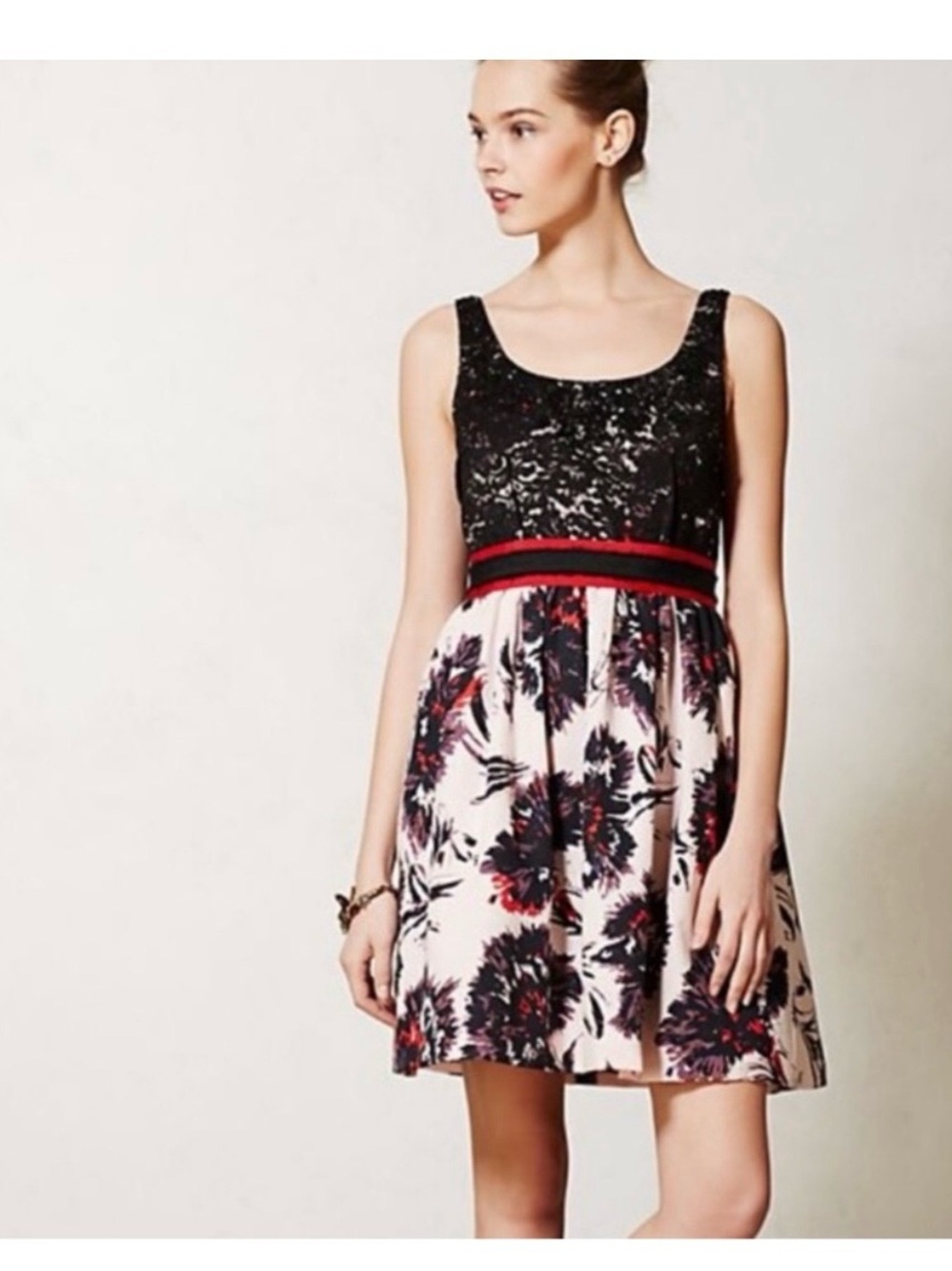 Peter Som Black Lace Bodice Floral Mini Dress with Red Waistband